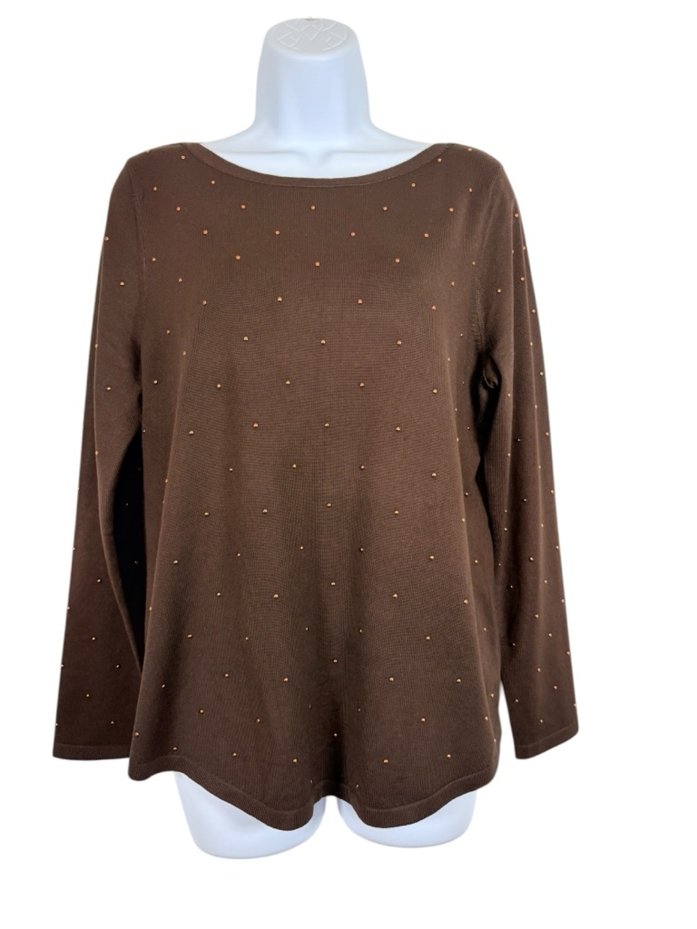 Chico’s Brown Studded Knit Top Size 1 Medium Gold Dot Embellished Long Sleeve